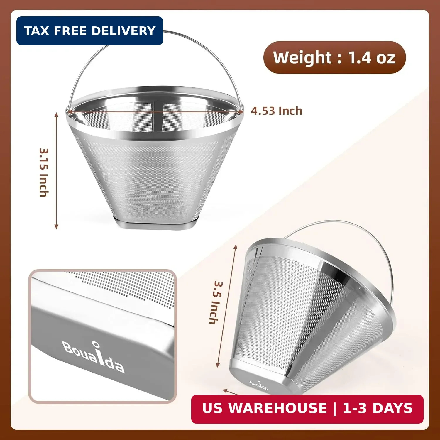 Reusable Cone Coffee Filters 4，304 Stainless Steel Permanent Coffee Filter，Perma