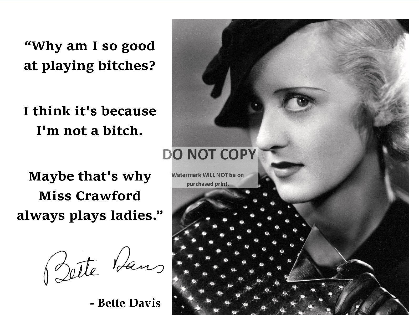 BETTE DAVIS QUOTE REGARDING ACTRESS JOAN CRAWFORD – 8X10 PHOTO (PQ-055)