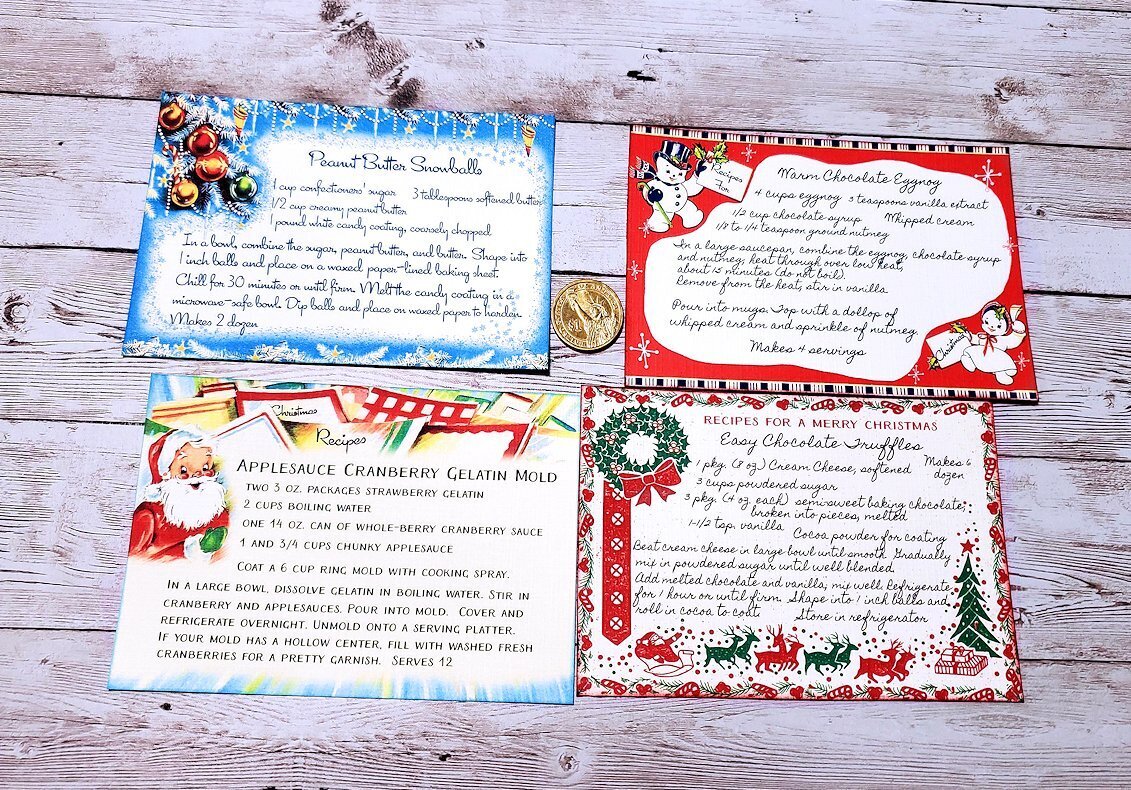 4 Pc~Christmas~Retro Style~Fussy Cut~Recipe Cards~Linen Cardstock
