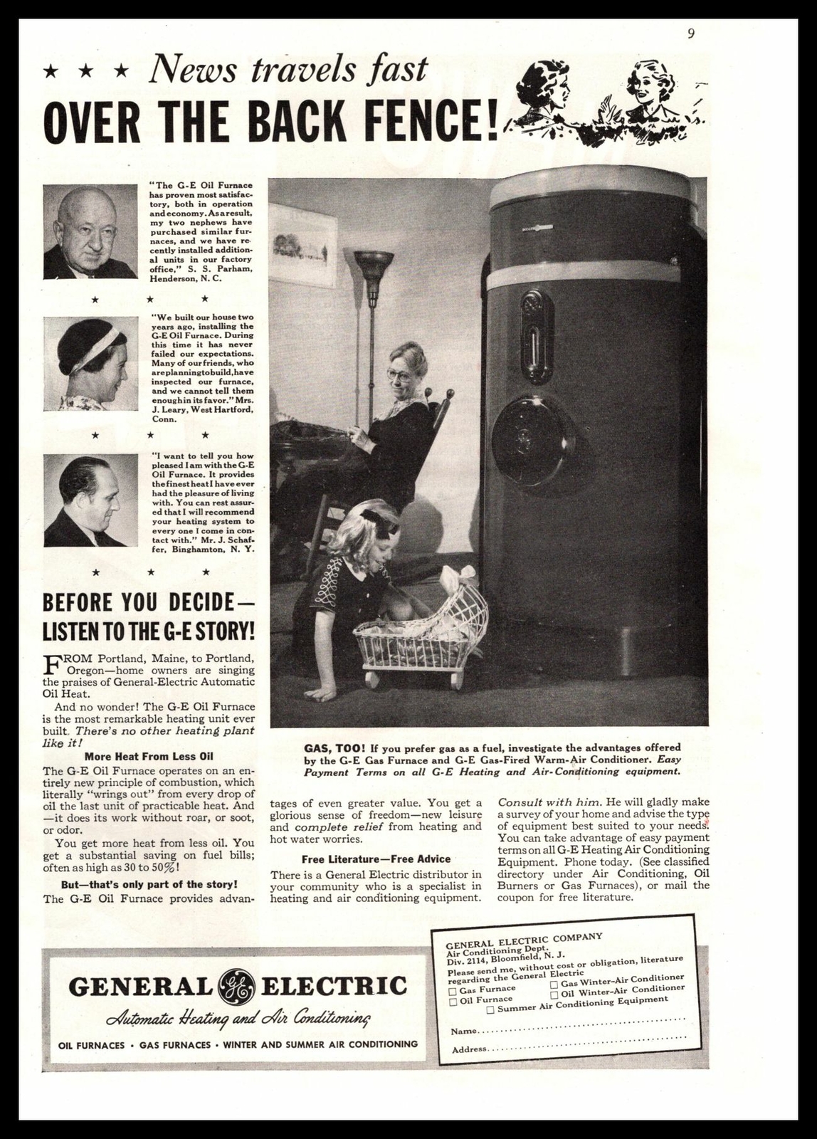 1938 General Electric Gas Furnace Warm Air Conditioner Girl With Dolls Print Ad