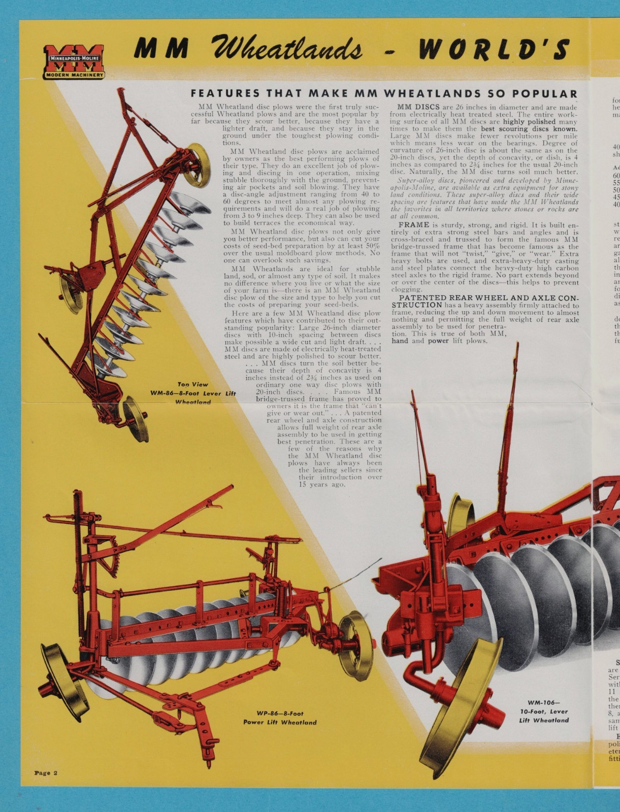 MINNEAPOLIS-MOLINE TRACTOR DISC PLOWS 8 PAGE BROCHURE 86564-K 11-49