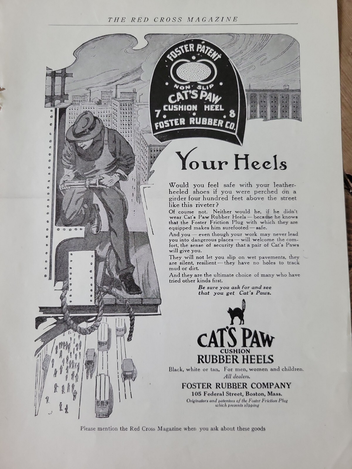 1915 Cat’s Paw cushion rubber heel shoes black cat skyscraper worker vintage ad