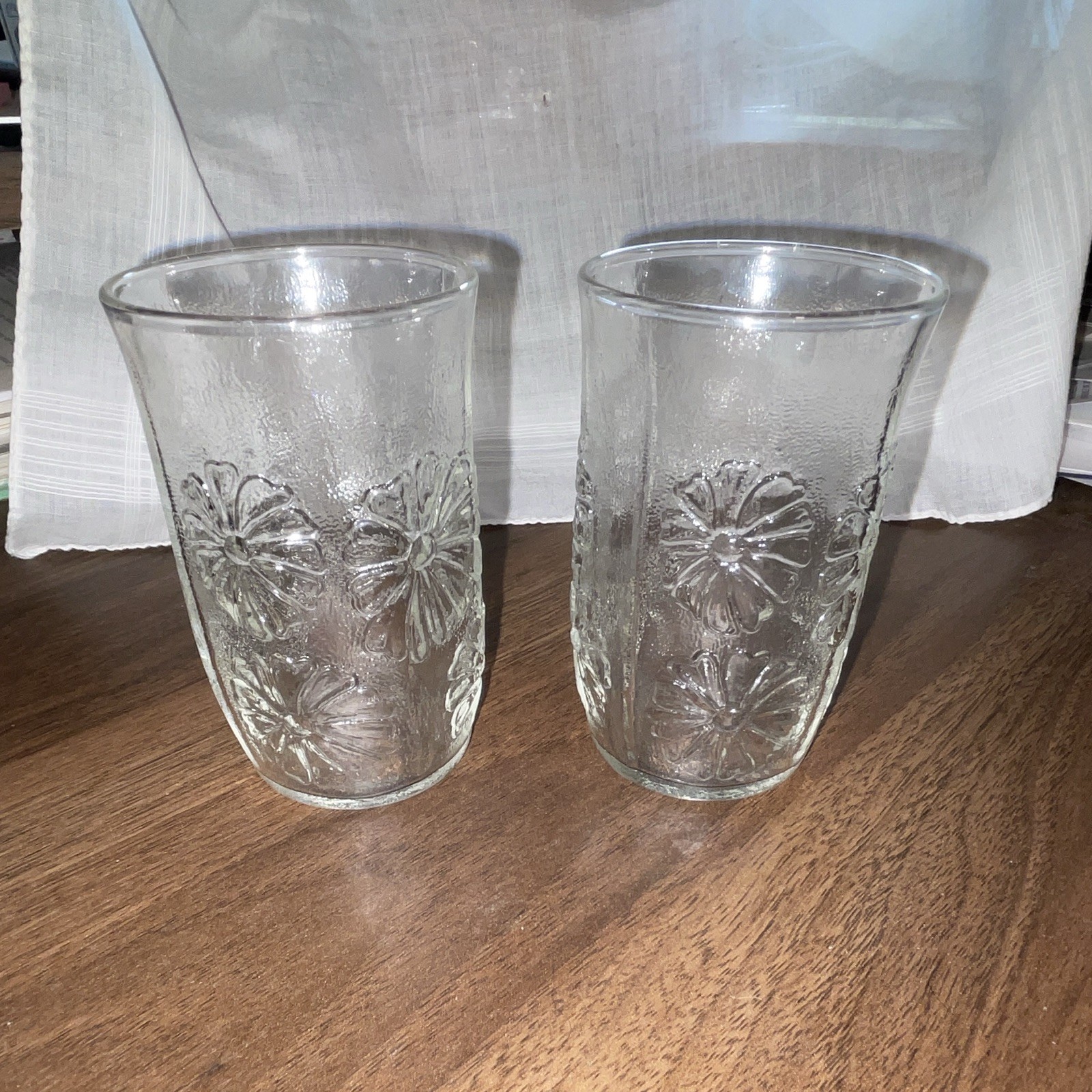2 Clear Glass Juice Glasses Embossed Floral Decorated 4 fl oz 3.75in Tall