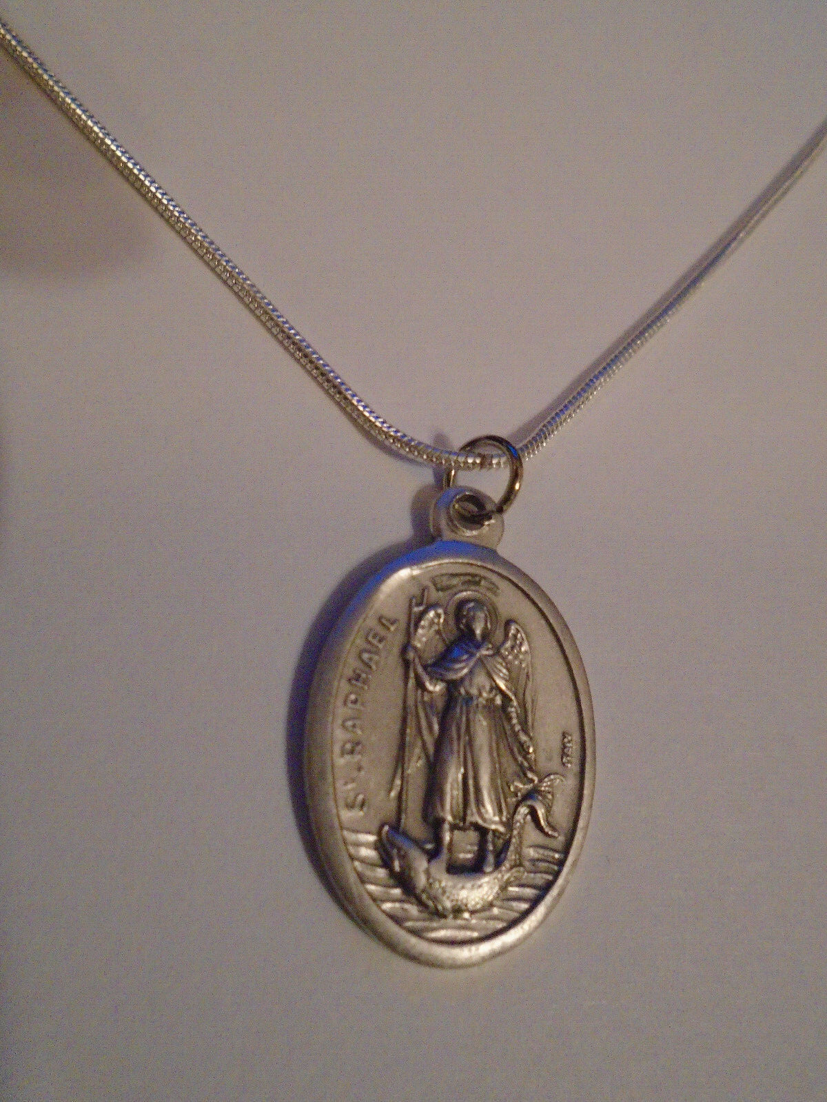 Italian Silver St Raphael Archangel Medal 925 sterling chain necklace holy card