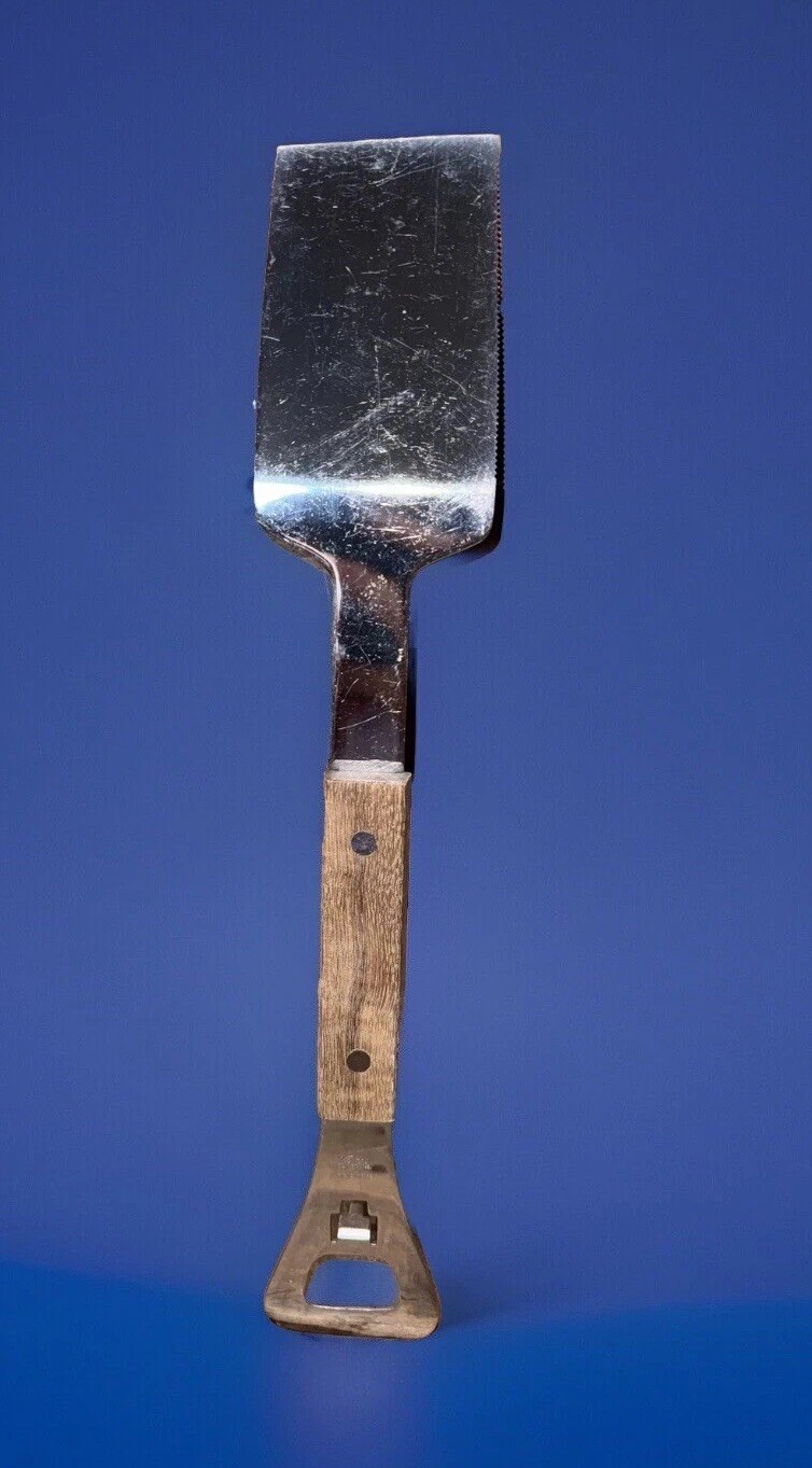 Vintage Vernco Japan Stainless~Wooden Handle Combo Spatula~Bottle Opener 13 1/4″