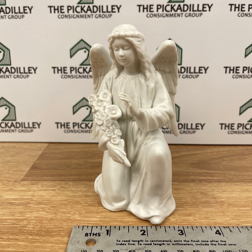 White Bisque Porcelain Kneeling Angel Figurine Flowers Blue Crossed Swords 5617