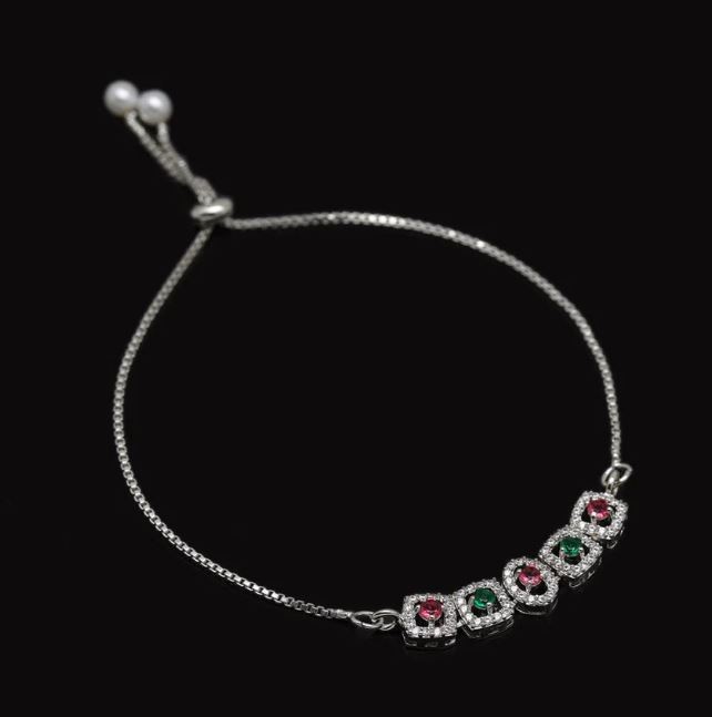Emerald,Ruby & Diamond 14K White Gold Over Adjustable Length Bolo Bracelet 7″