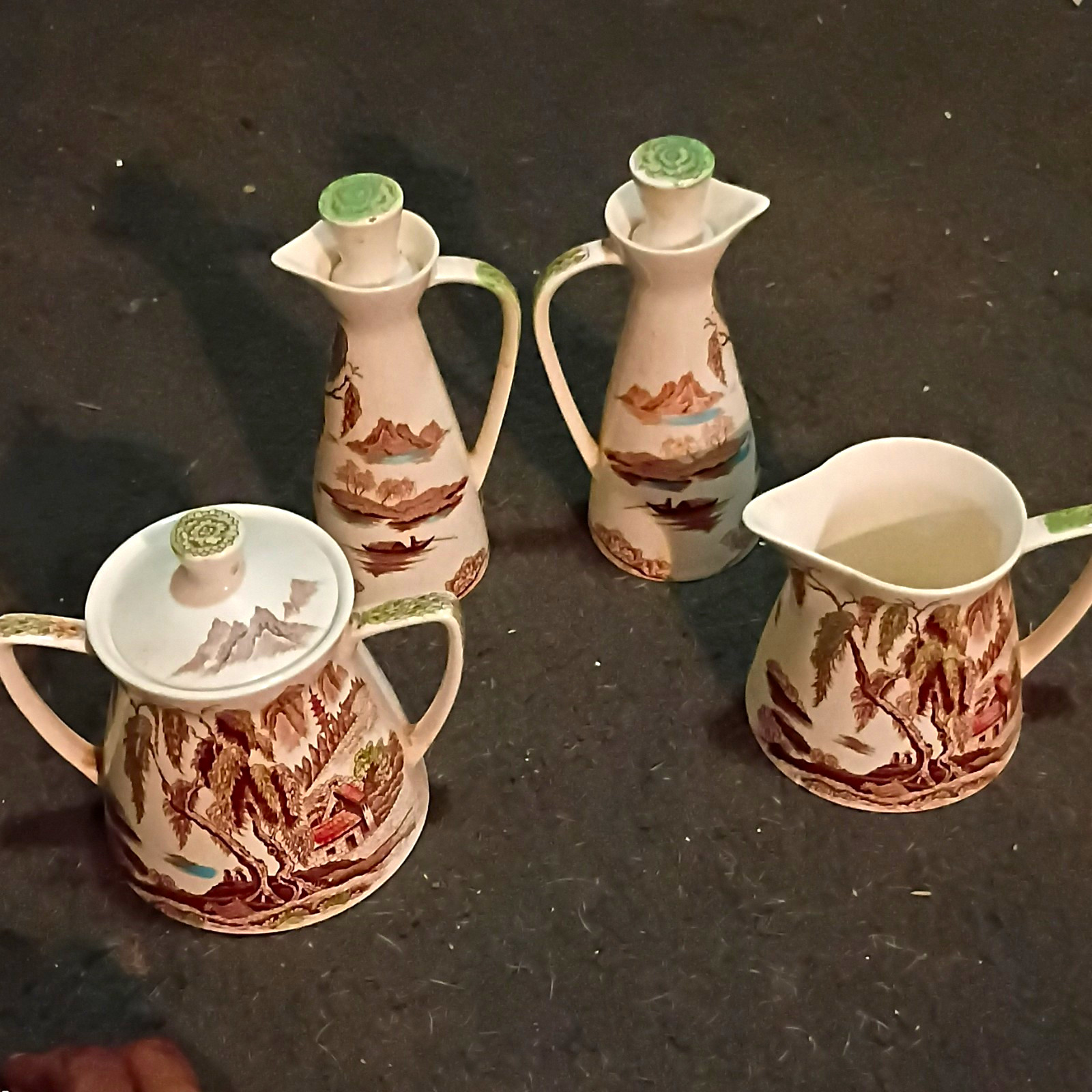 Painted Ceramic Creamer & Sugar Bowl Set w/ Lid & Handles White Brown Green