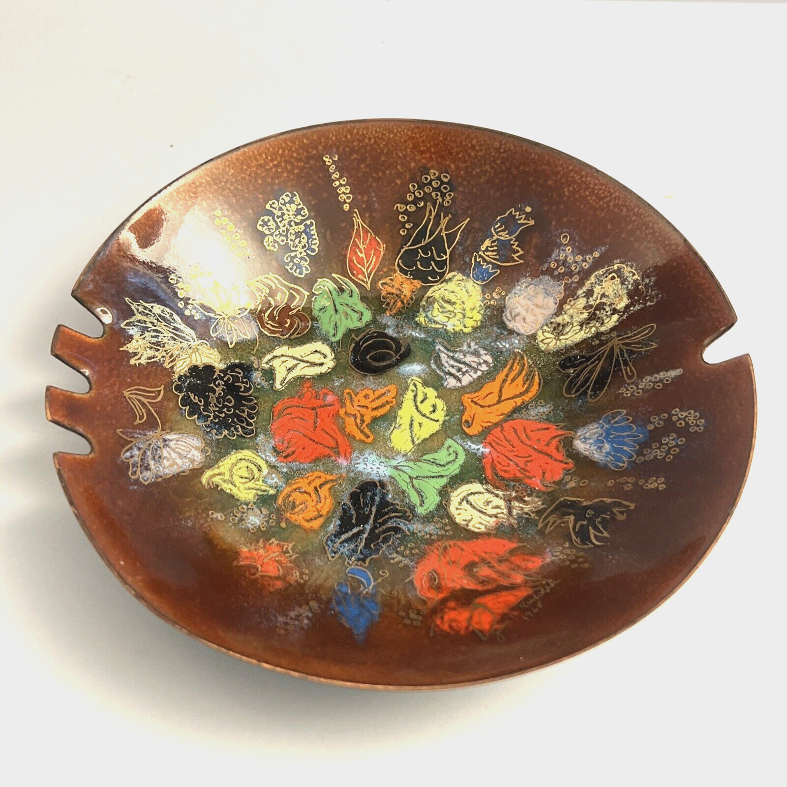 Exceptional Signed & Dated 1965 Mid-century Modern 7″ Enameled Copper Ashtray