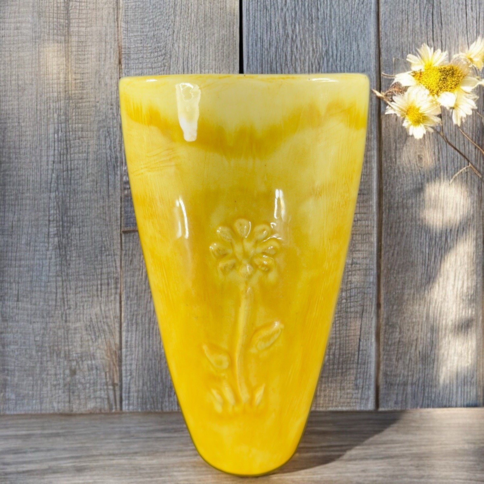 Antique Tall Yellow Pottery Vase Embossed Flower USA Hand Made Vase Vessel VTG