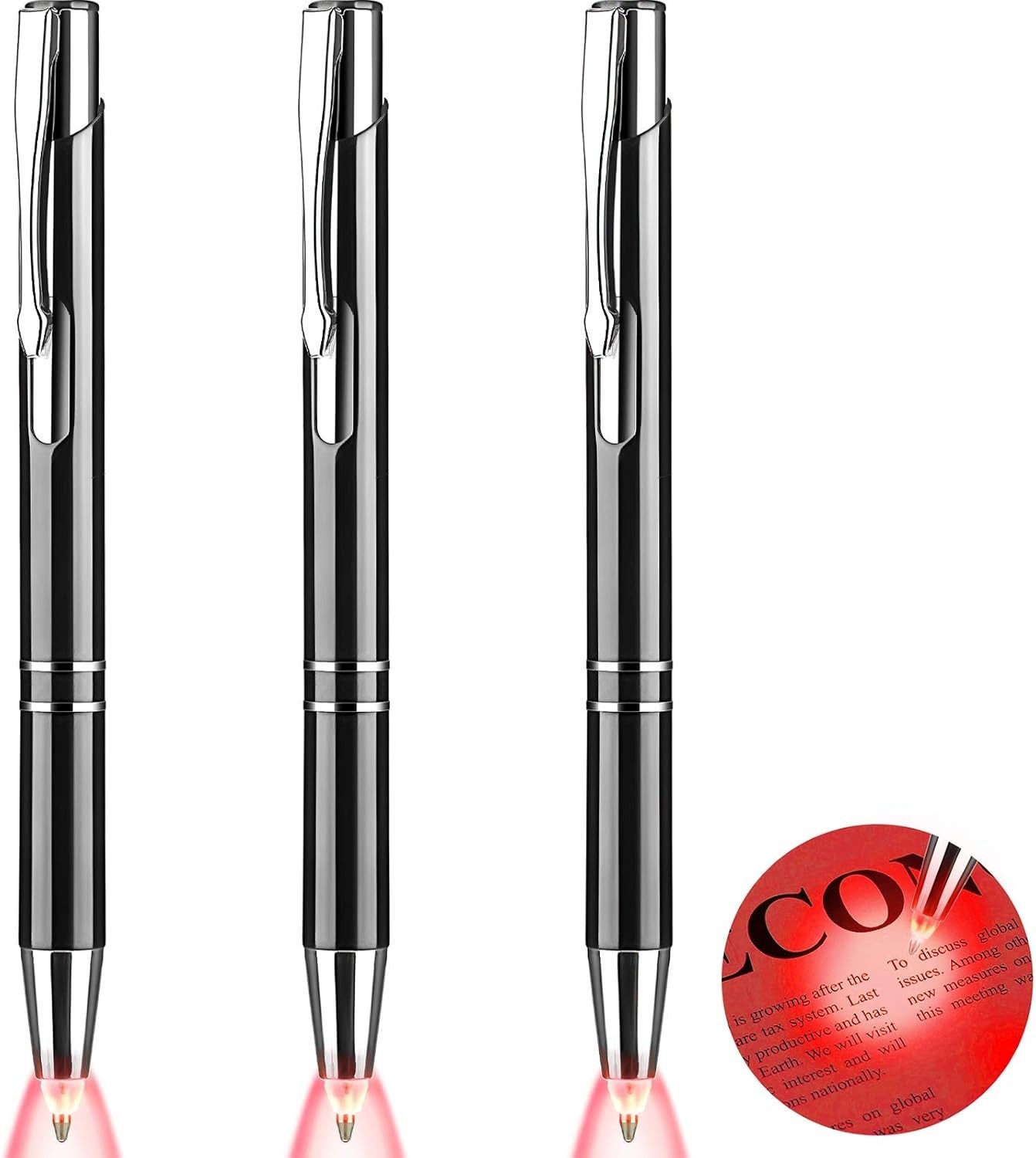 Lighted Tip Ballpoint Pen Flashlight – 3 Pack (Red Light, Black Shell)