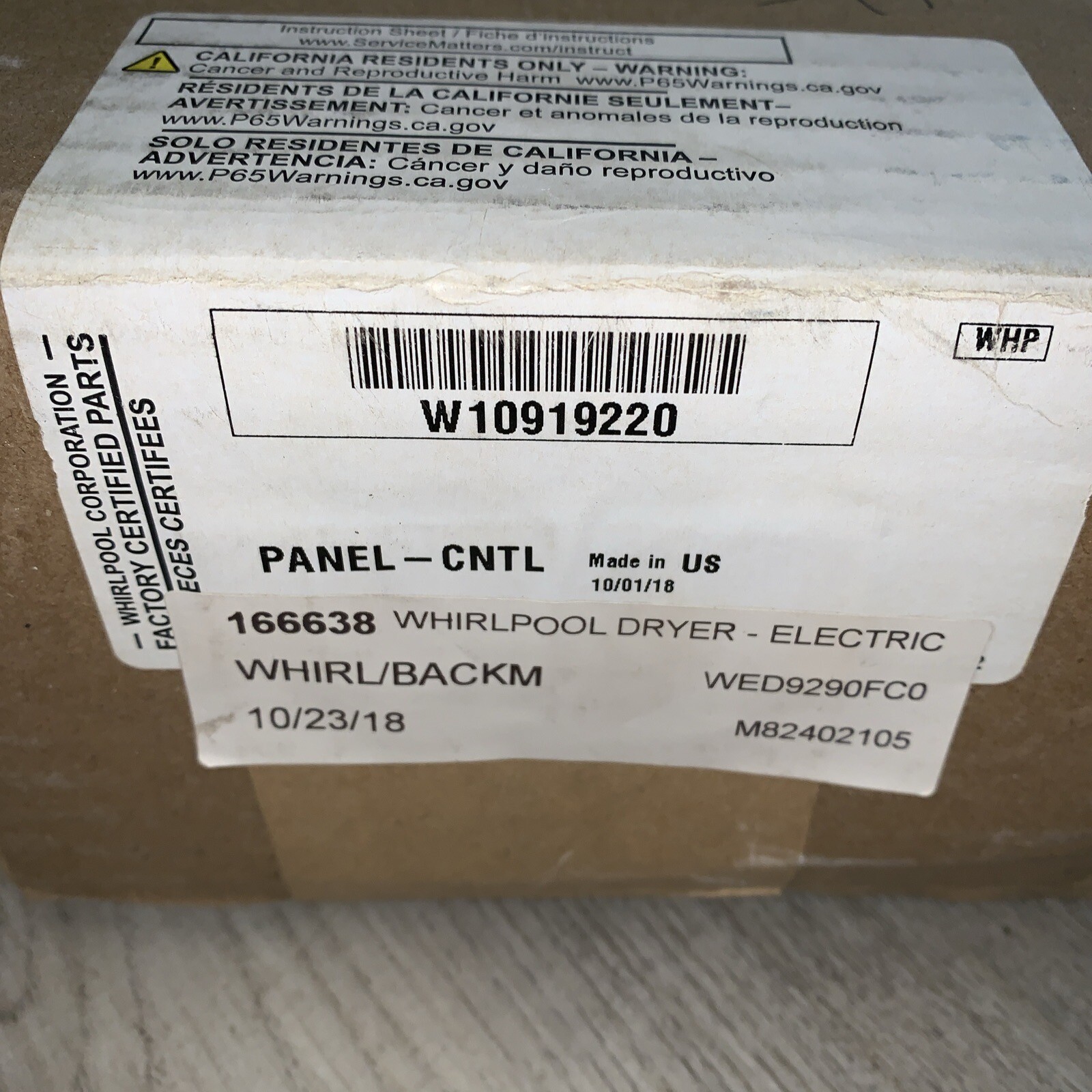 W10919220 WHIRLPOOL Control PANEL New OEM