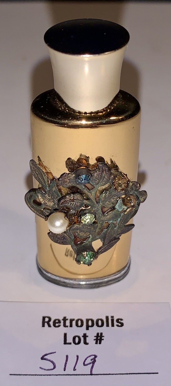 Vintage Gold Glass Empty Perfume Bottle Floral Faux Pearl & Rhinestones
