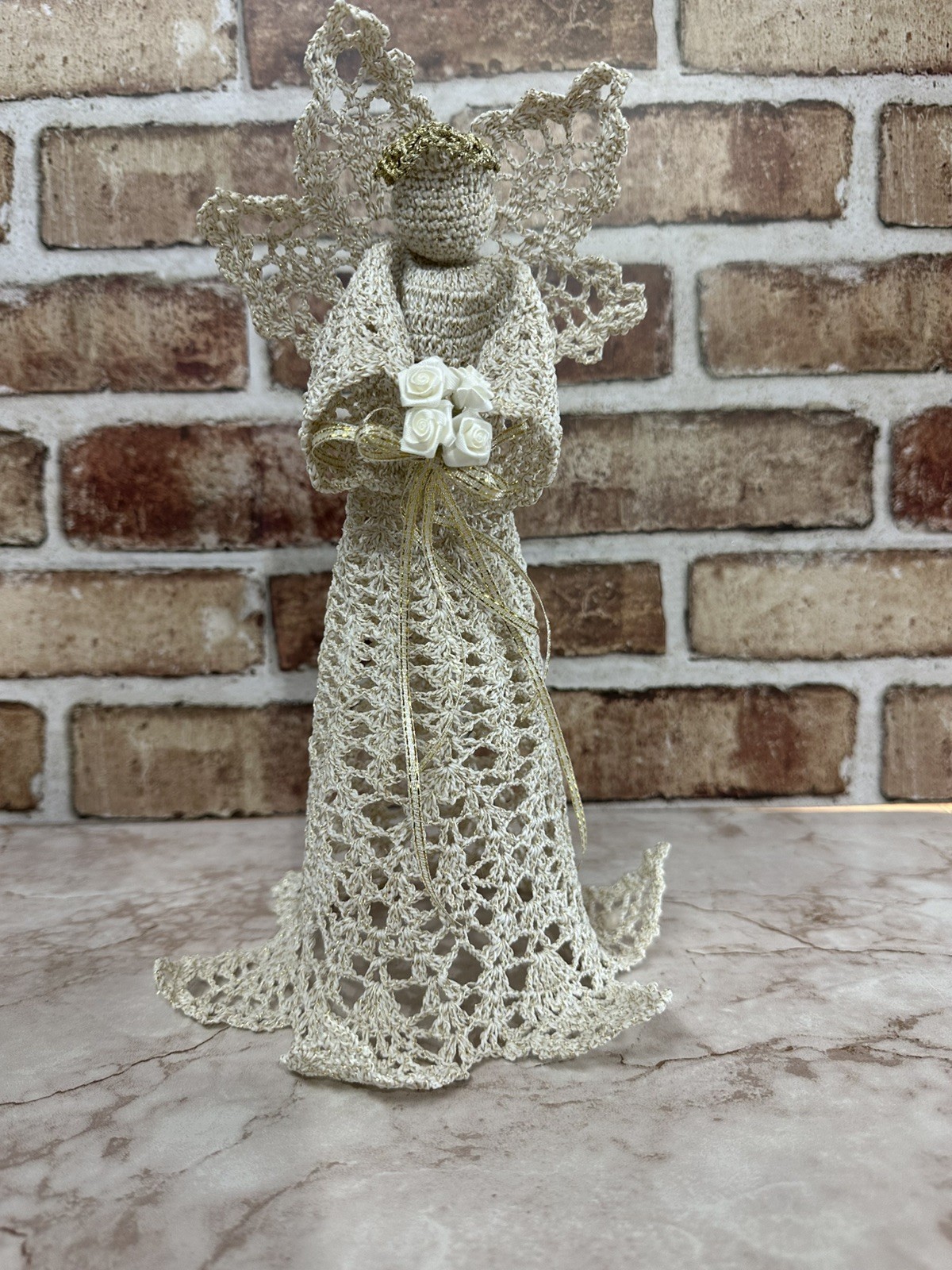 Beautiful VTG Crocheted Beige Gold Angel Tree Topper Handmade