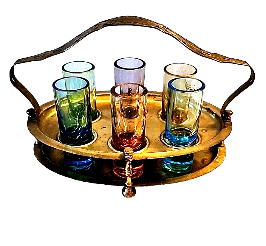6 Antique GLOWING Shot Glasses Multi Color Cordial Set In Carrier Holder AS IS