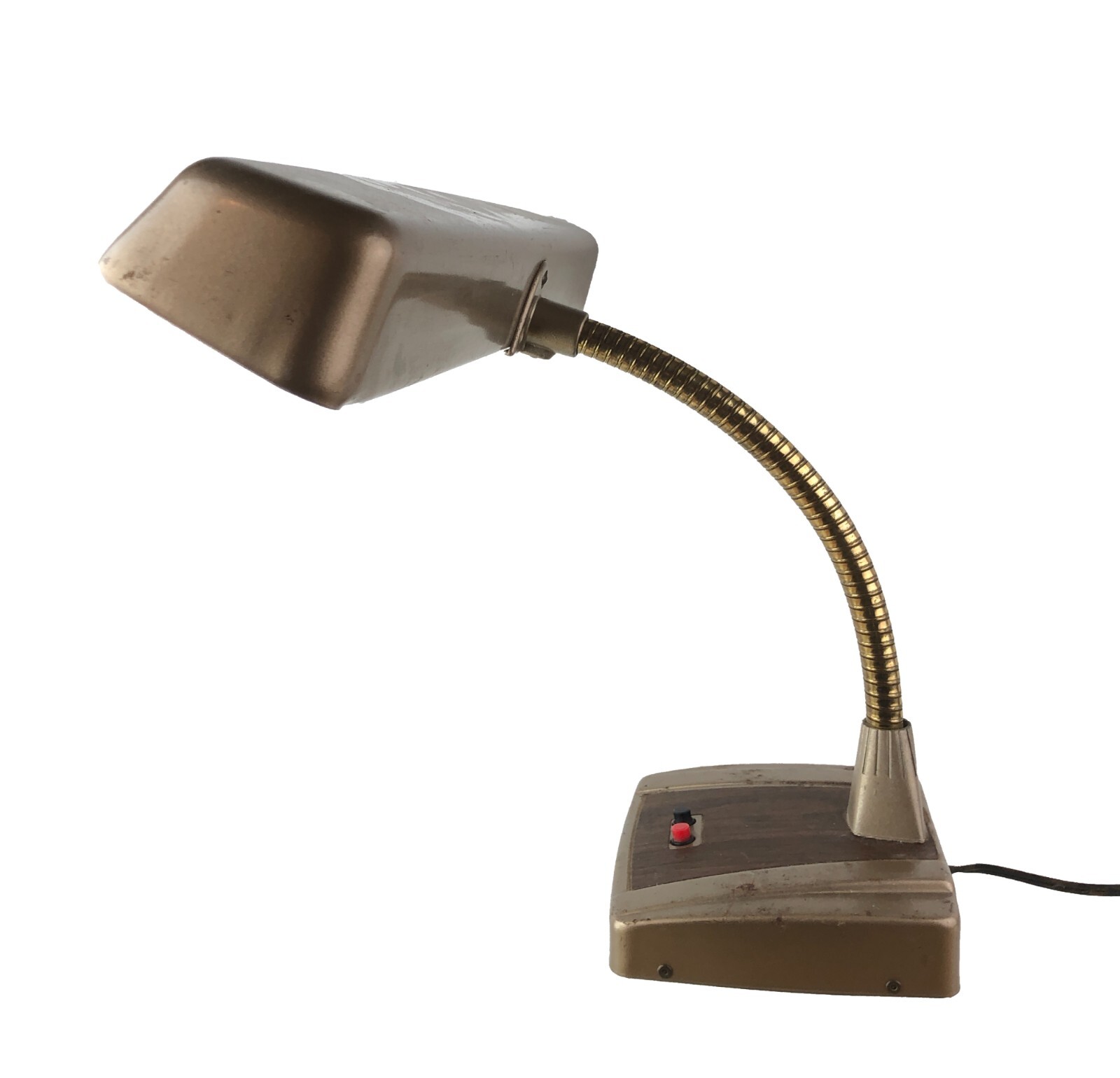 Vintage Classic Brown Metal 19″ Wide Gooseneck Desk Lamp 1950s Red Black Buttons
