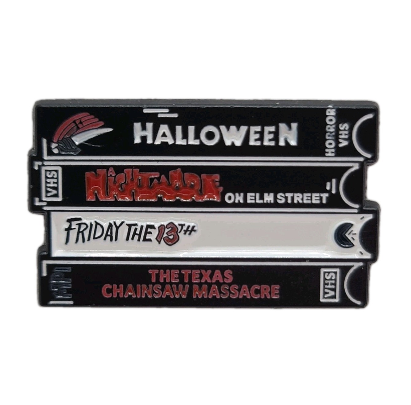 Horror Movie VHS Stack Enamel Pin Halloween Nightmare Elm Street Friday 13th New