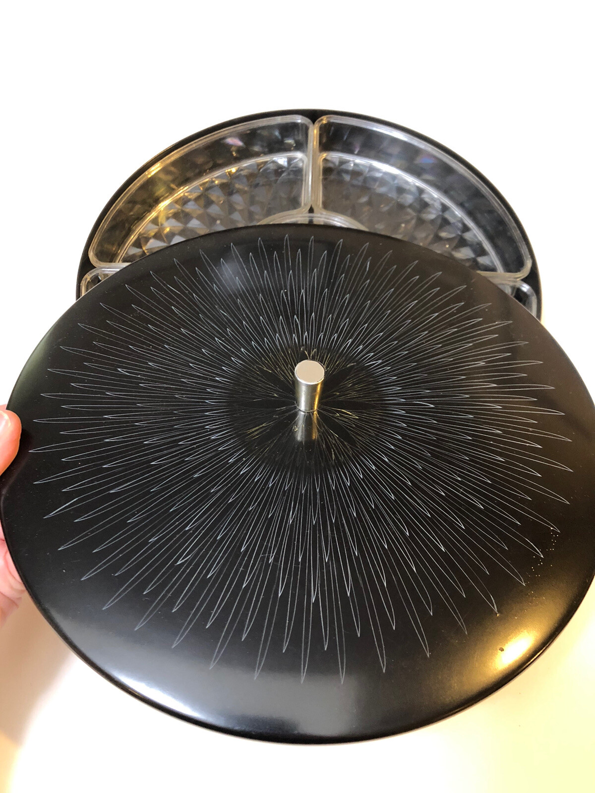 Vintage OMC Japan Serving Tray Dish Bento Lid Divided Sections 11” Black Retro