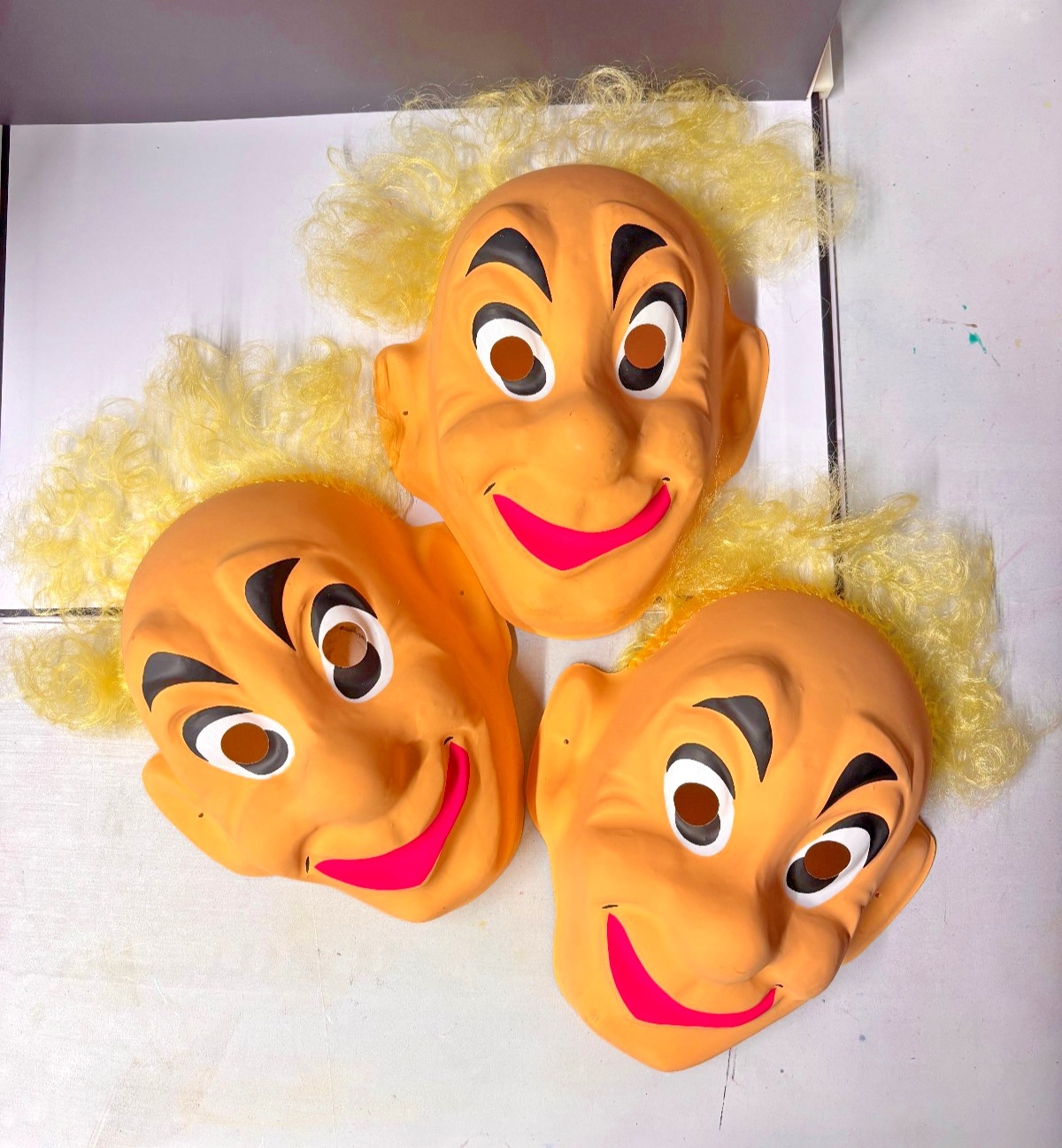 Halloween Mask Lot 3 Vintage Grinning Old Man Hard Plastic Curly Hair 1990s
