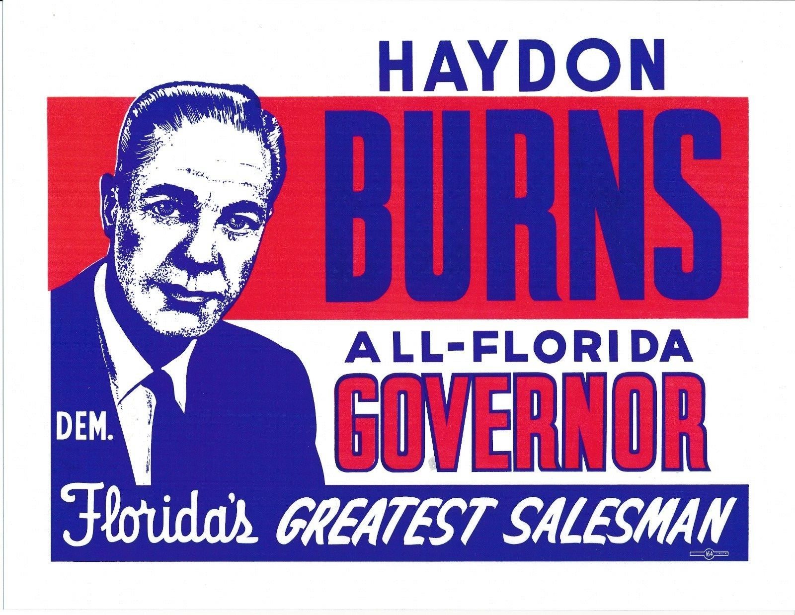 1964 Burns 8 1/2 X 11 Color Copy Florida FL governor poster on heavy cardstock