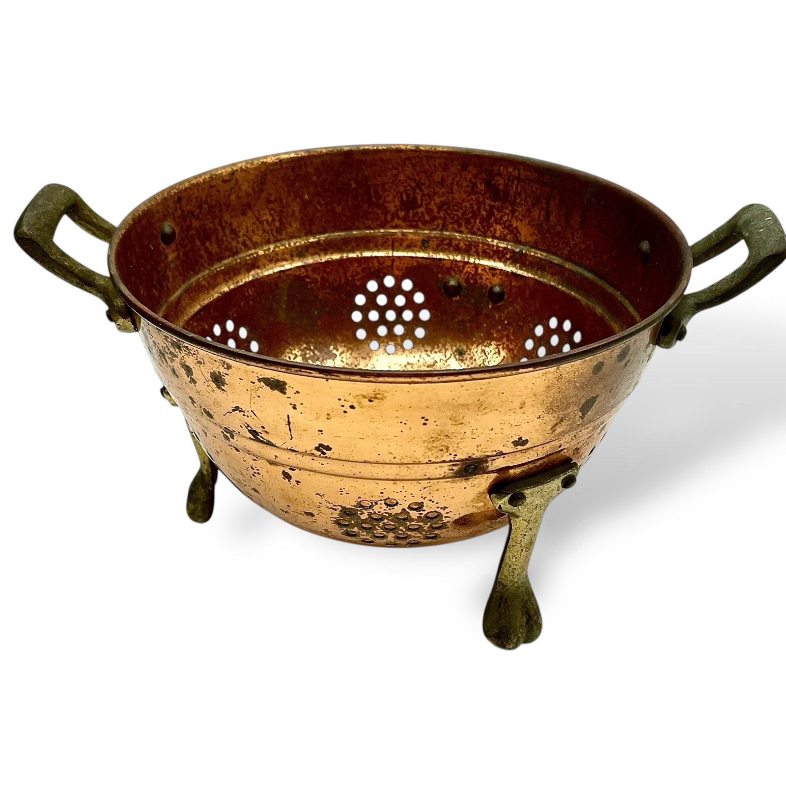 Vtg Copper COLANDER — 10” Small Farmhouse Patina Brass Handles & Feet Marked