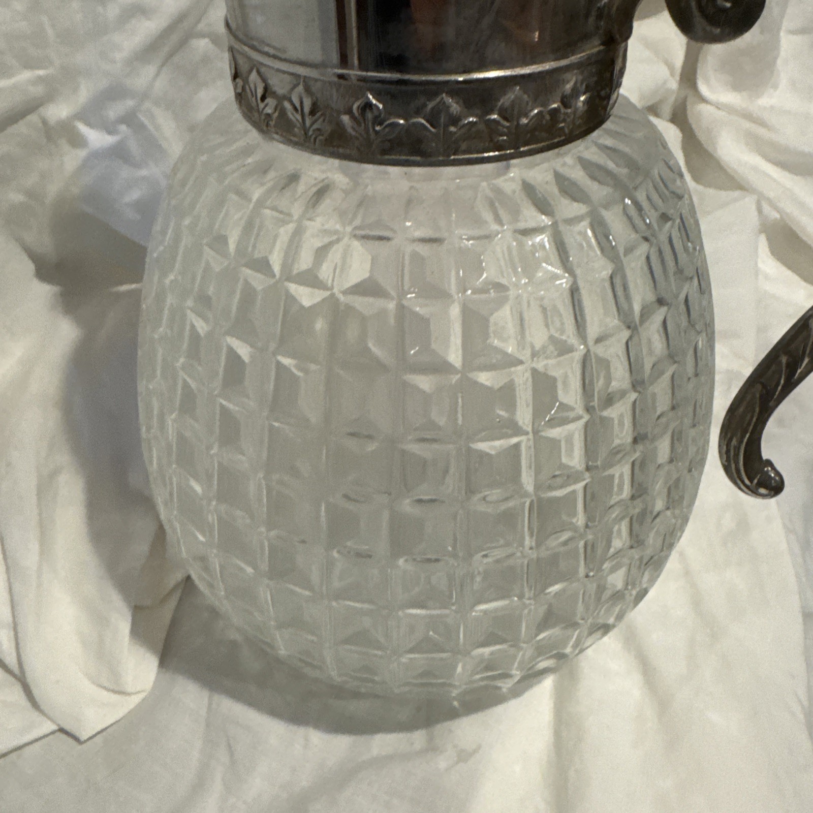 Vintage Beverage Pitcher Pressed Glass Embossed Silver Plate Ice Cube Tube Italy