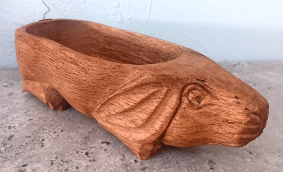Vintage Hand Carved Bunny Rabbit Wooden Bowl Rustic Farmhouse Unfinished