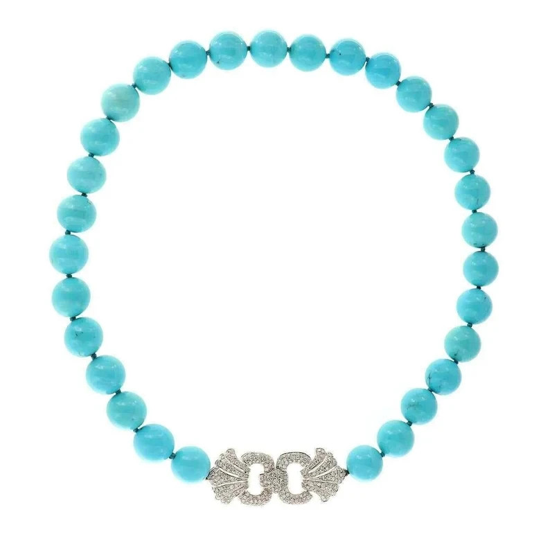 Sleeping Beauty Turquoise Bead & Diamond 14K White Gold Over 18″ Charm Necklace