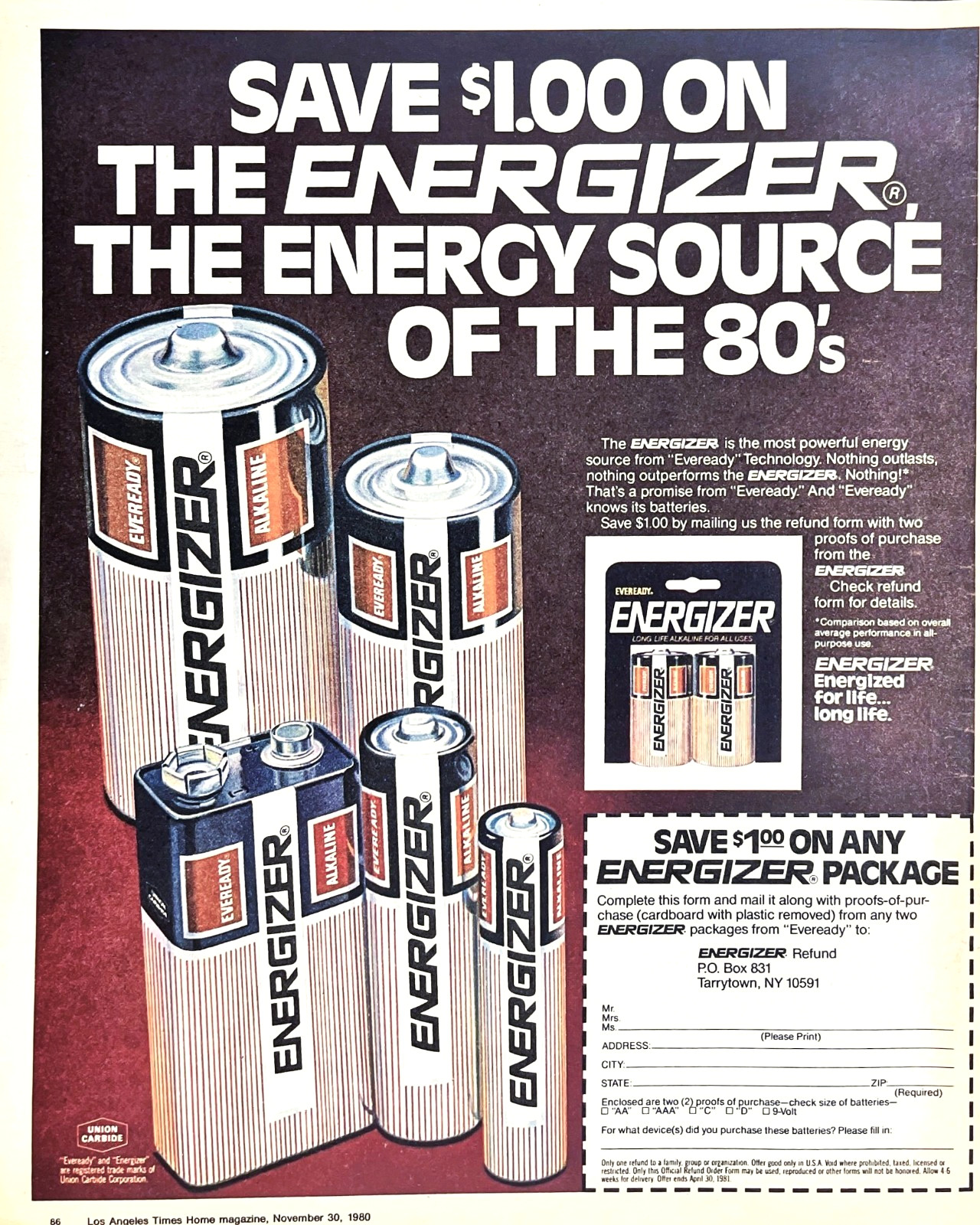 Energizer Eveready Alkaline Battery Power Mail-In Refund Offer Magazine Print Ad
