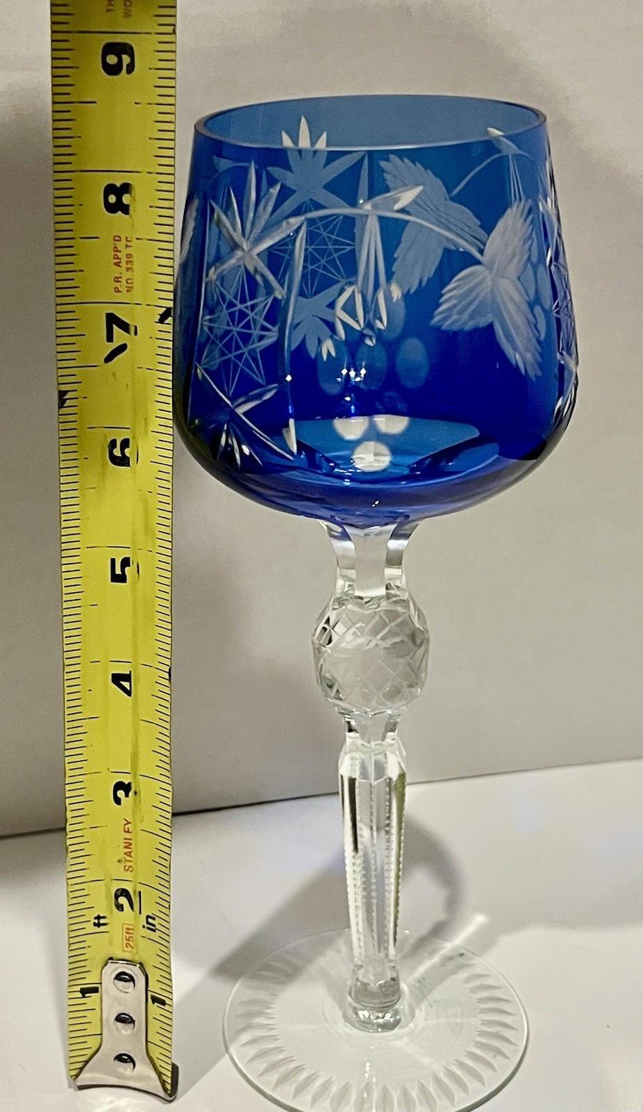 Bohemian Hortensia Crystal Wine Glass In Blue Color 8 3/8″ Tall