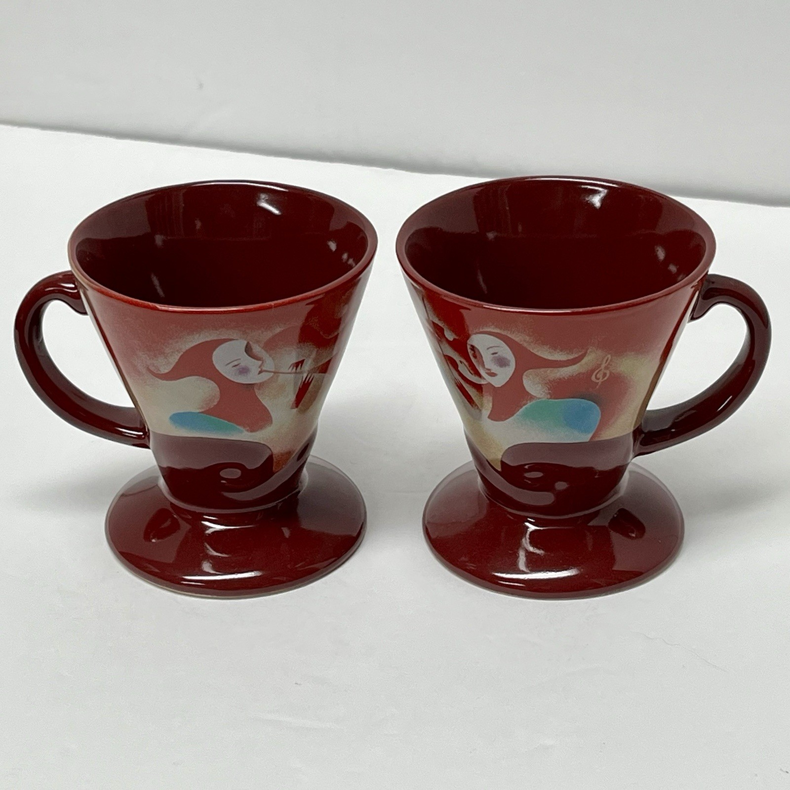 2 Signed Linda Frichtel Frangelico Espresso Cups Demitasse 1999 Musical Jesters.