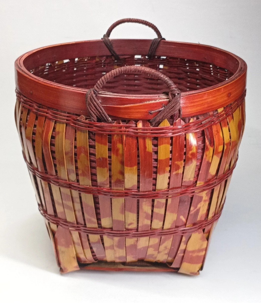 Mid-Century Split Red Tortoise Bamboo and Rattan Chinese Basket