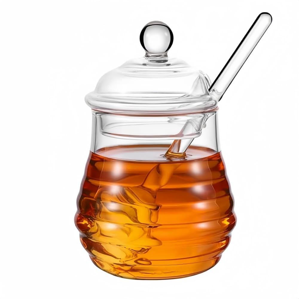 10 OZ Transparent Honey Jar with Dipper and Lid Glass Beehive Style Honey Pot…