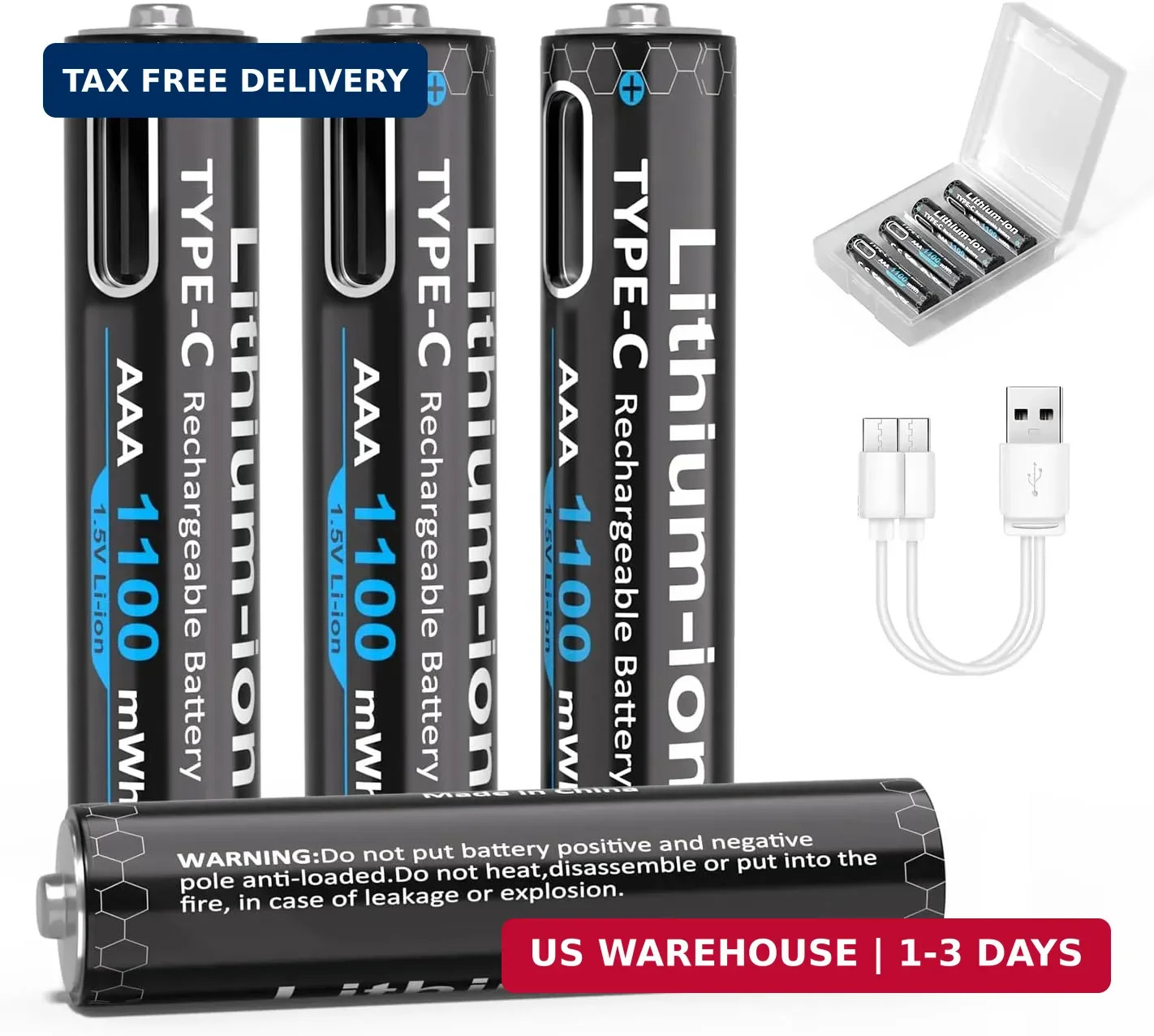 USB Rechargeable AAA Lithium Batteries 1100mWh (4-Pack, 1.5V), Triple A Batterie
