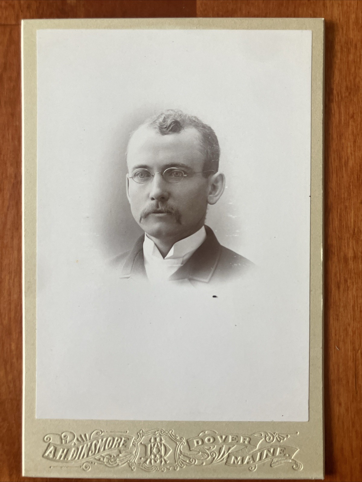 Man w/ Glasses Handlebar Mustache Cabinet Card Photo Dover ME Dinsmore Antique