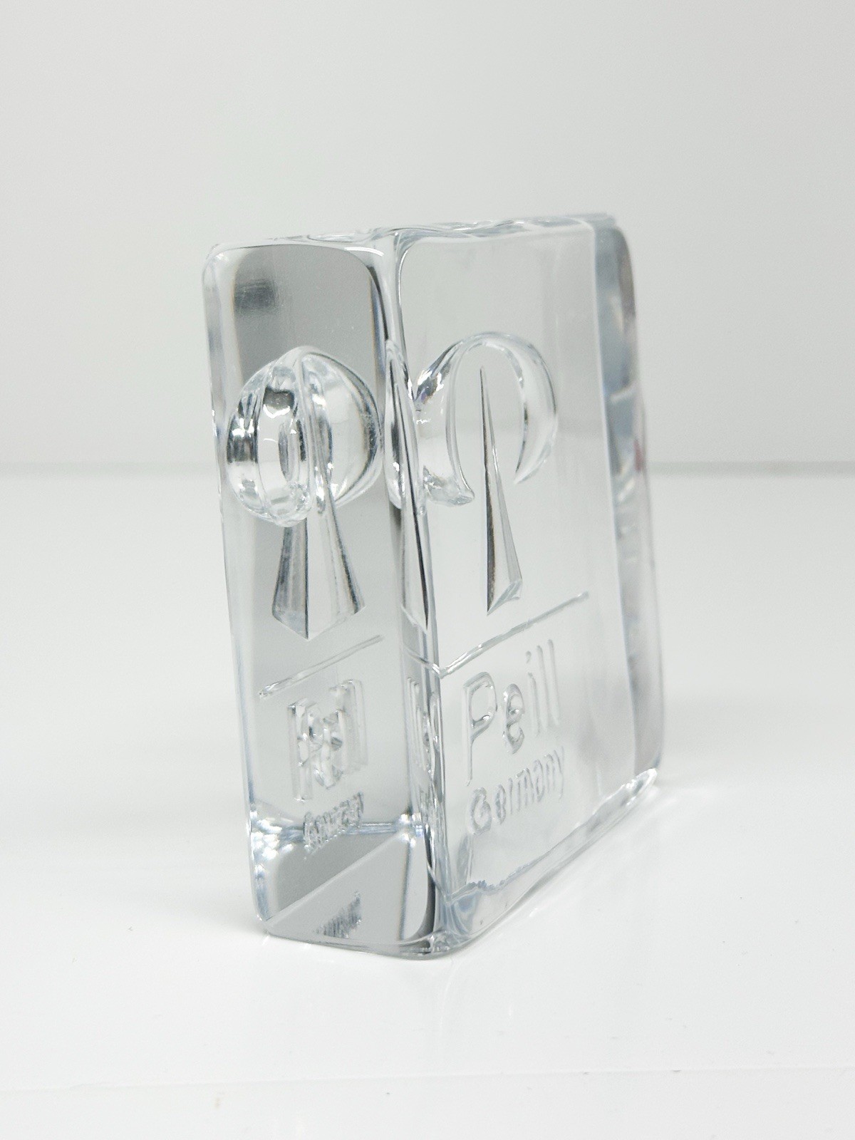 Vintage Peill Putzler Solid Crystal Etched Advertising Paperweight Employee