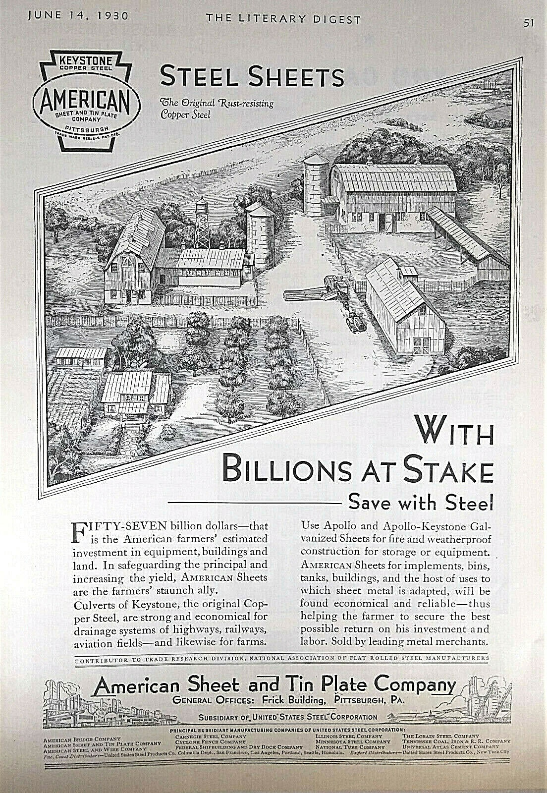 1930 American Sheet & Tin Plate Co., Steel Sheets, Farm Building Materials Ad