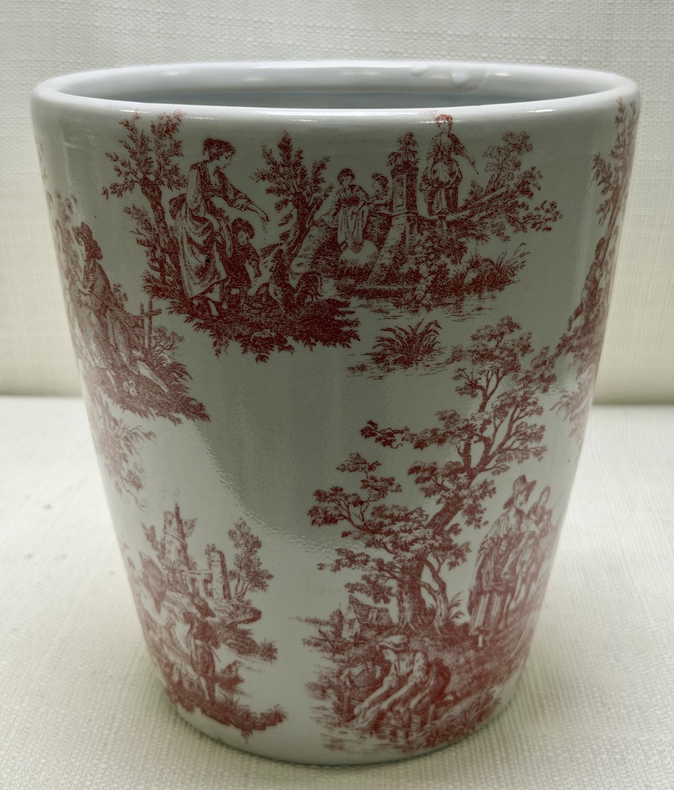 Red Transferware Ceramic Cachepot Planter European Romantic Pastoral Scenes 8” H