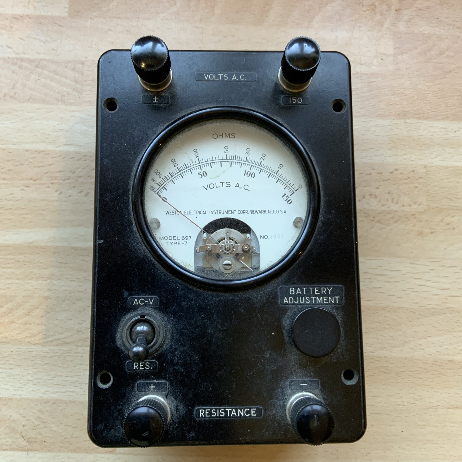 vintage voltmeter, Weston, Newark NJ, Model 697, Type 7.