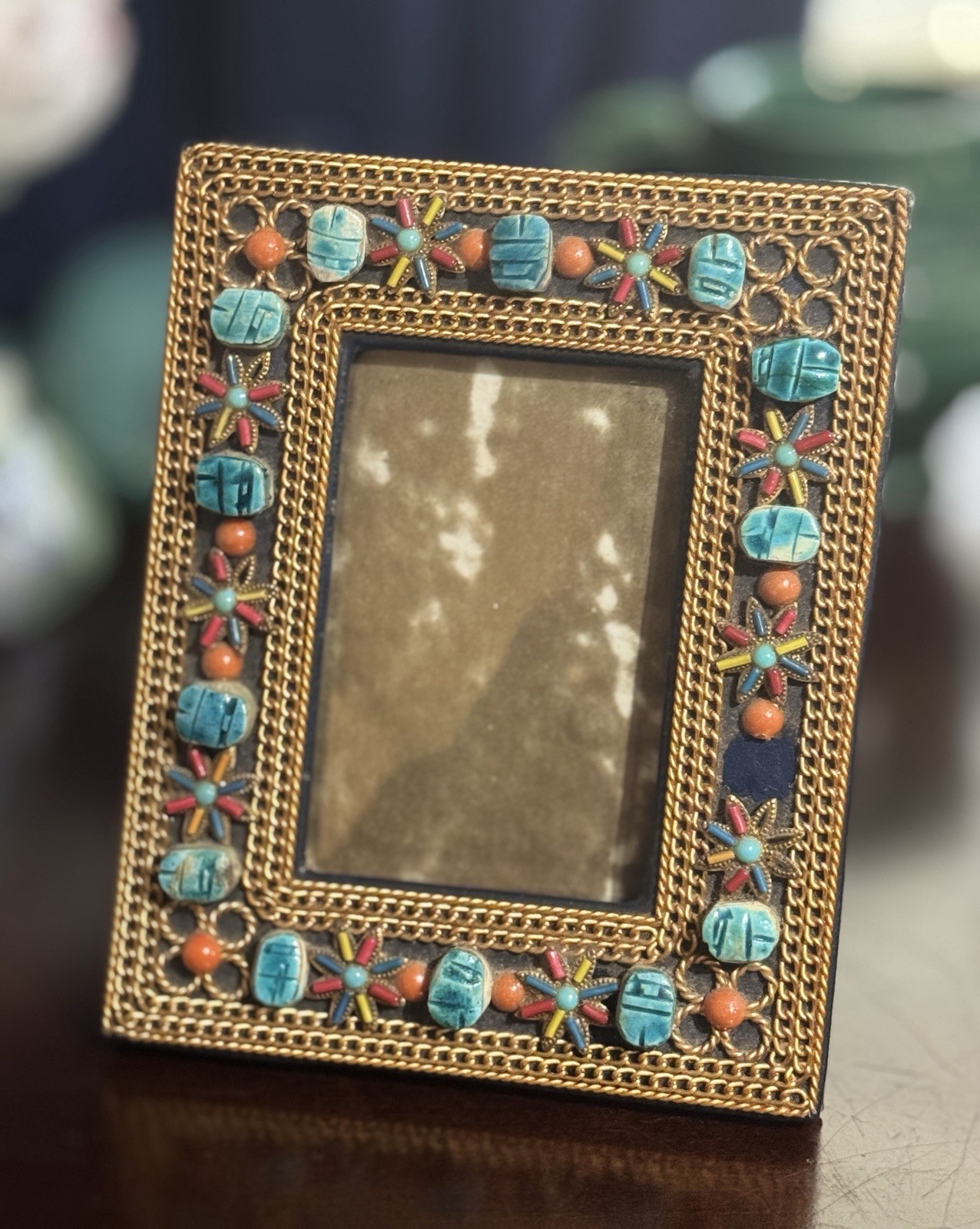 Vintage Handmade Scarab Mosaic Picture Frame Boho Egyptian Revival Decor