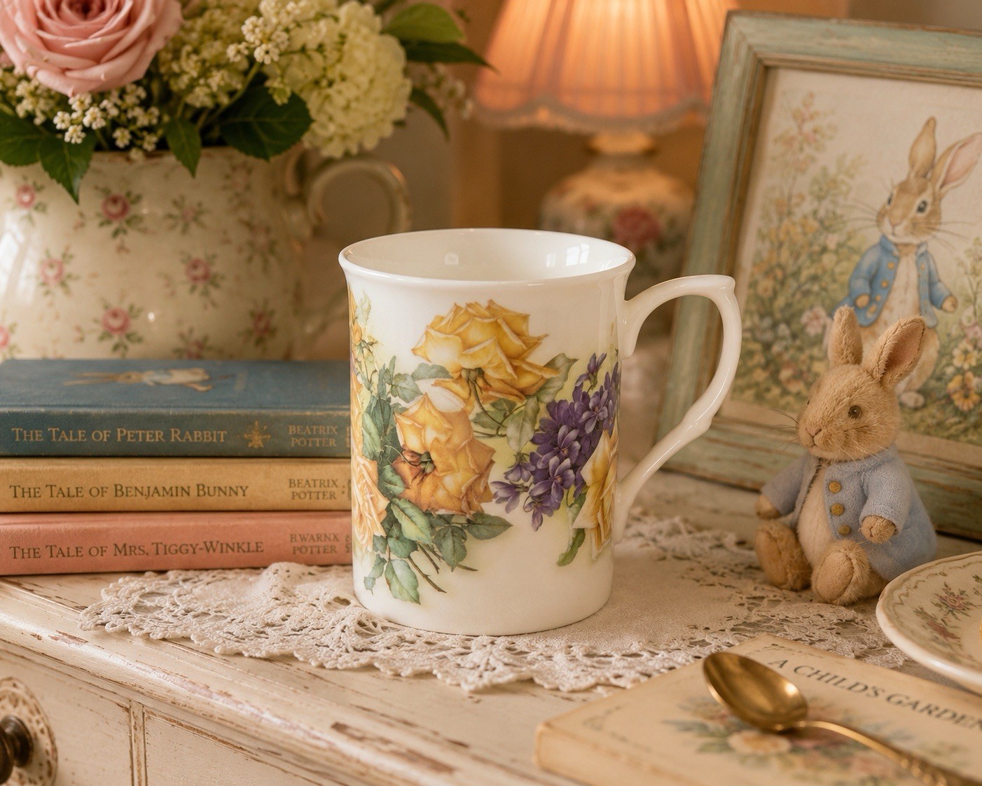 Stechcol Gracie Bone China 9 oz Floral Coffee Mug Roses & Violets Tea Cup