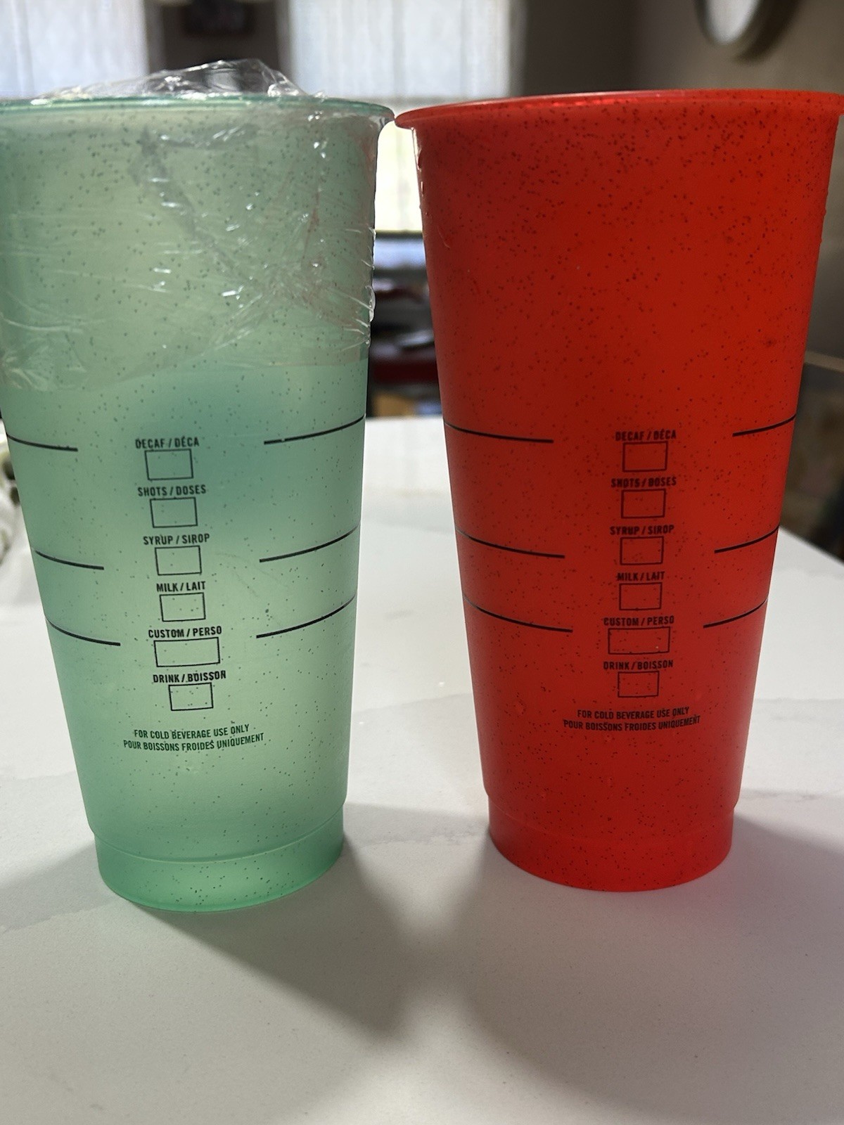 Starbucks Green & Red Plastic Cold Drink Cups Set with Logo & Markings