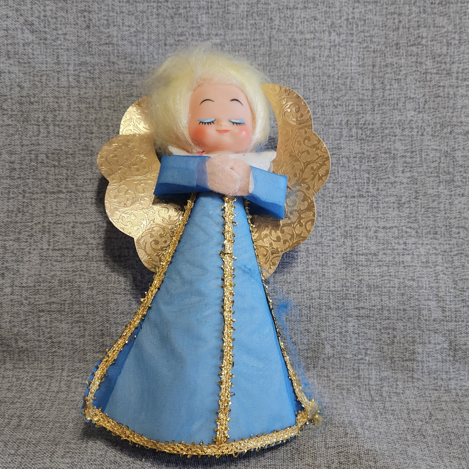 Vtge Cardboard Angel Tree Topper Blue Dress Gold Trim Wings Blond Hair Praying