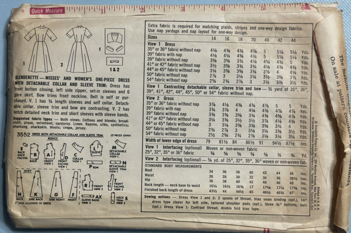 Slenderette Dress Pattern Simplicity 3552 Size 14 1950’s VTG Fashion