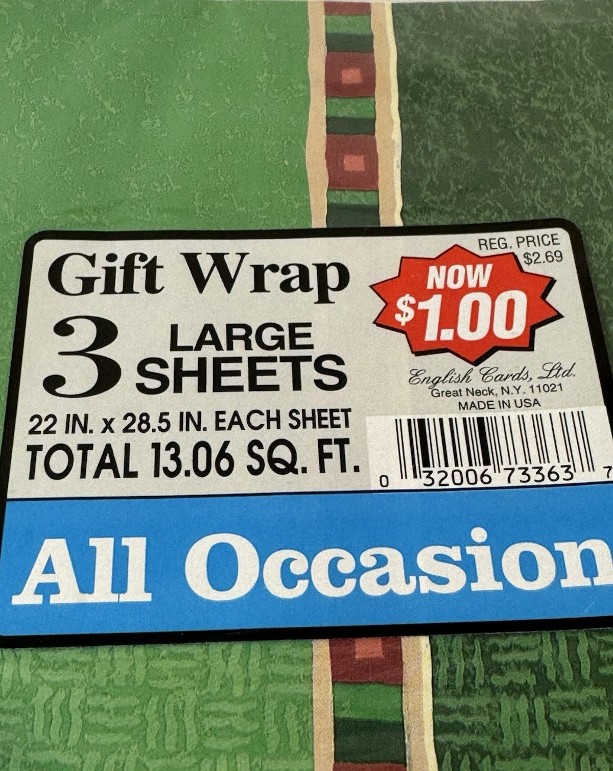 VTG English Cards Gift Wrap Green Geometric Southwestern 3 Sheets USA NOS READ