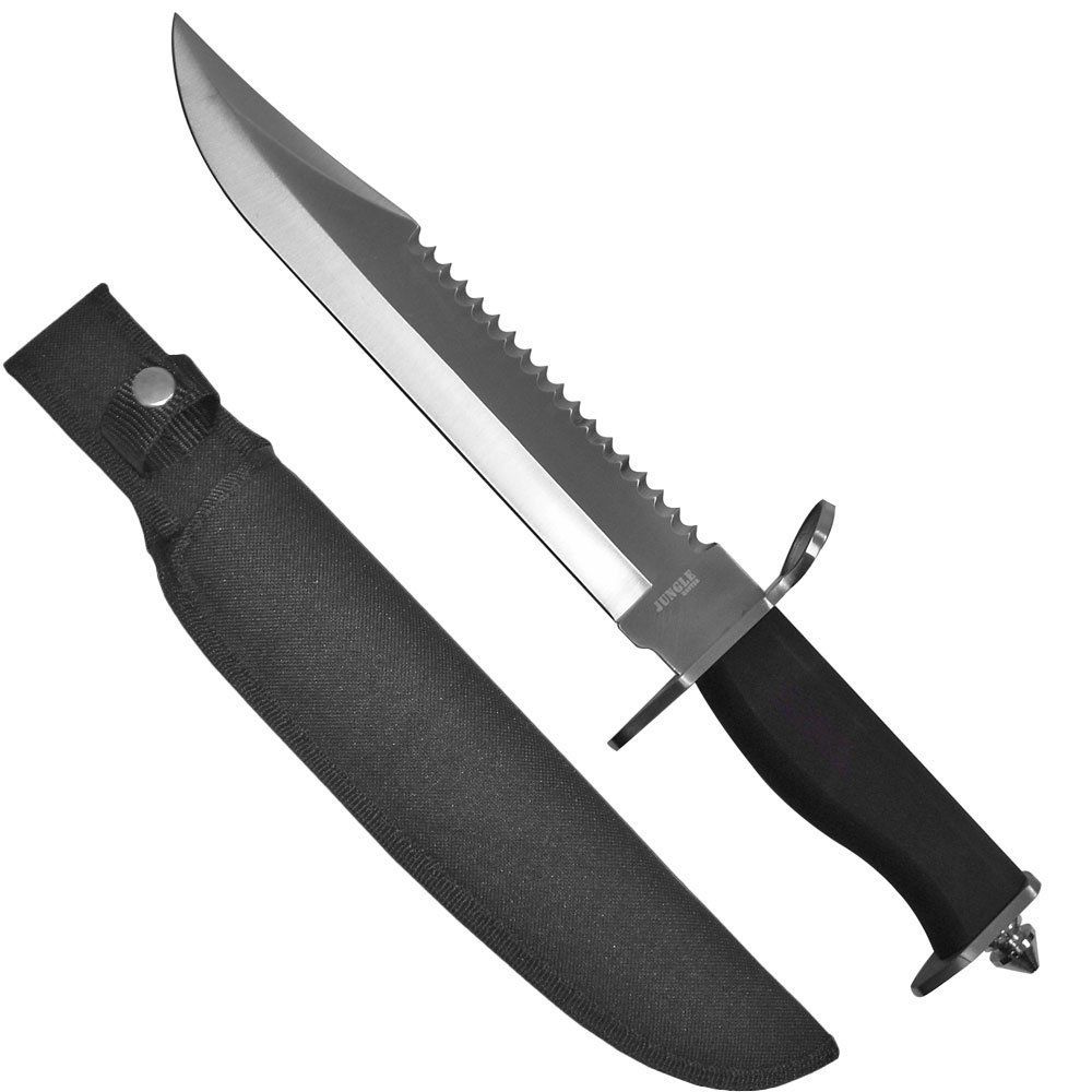 Jungle Master JM-001L Fixed Blade Hunting Knife with Saw Back and Case (15 Inch)