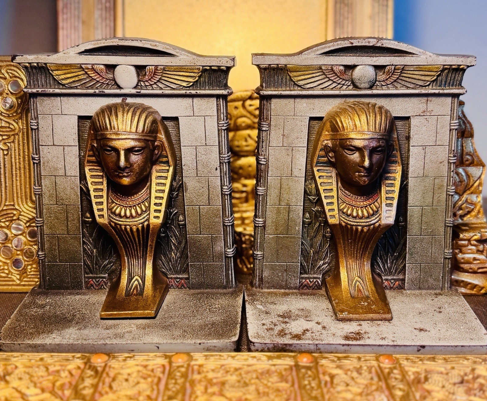 ANTIQUE ART DECO BRADLEY HUBBARD BRONZE CAST IRON EGYPTIAN TOMB SPHINX BOOKENDS