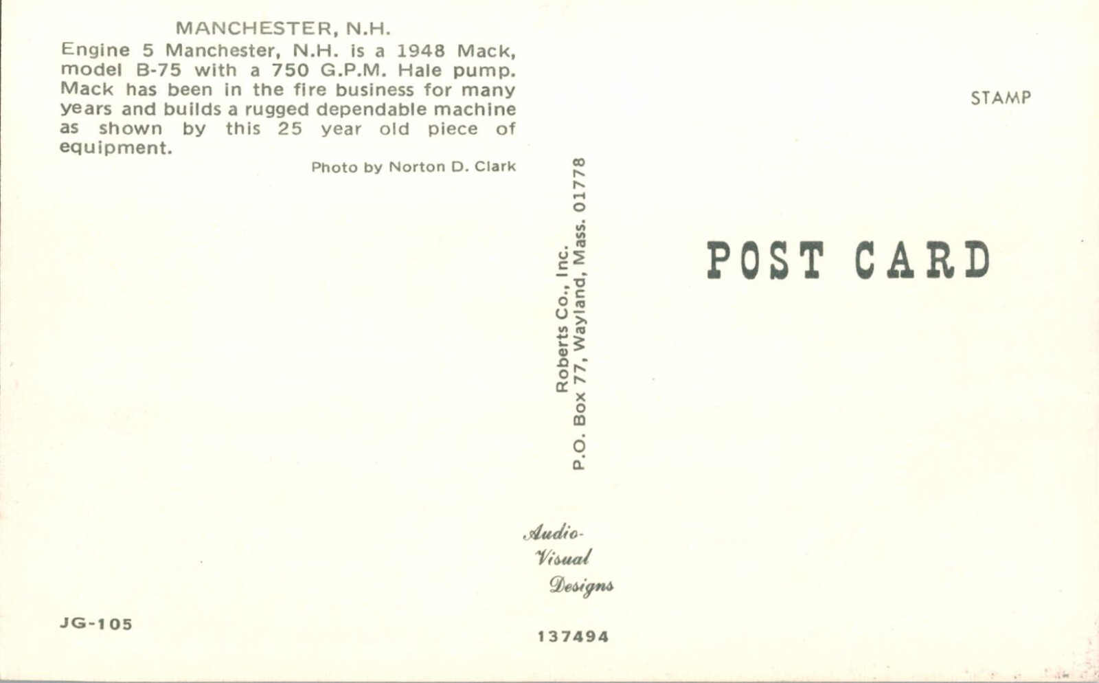 Fire Engine Manchester NH 1948 Mack Model B-75 w/ 750 GPM Hale Pump VTG Postcard