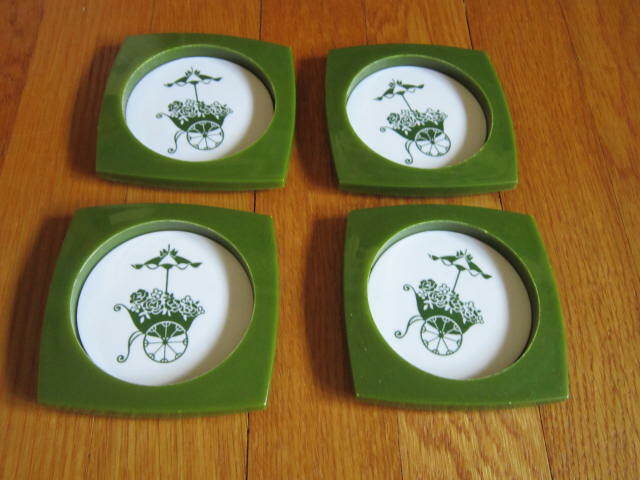 Retro Avocado Green Coasters 1970s Flower Cart Plastic Vtg Barware 4 Free Ship