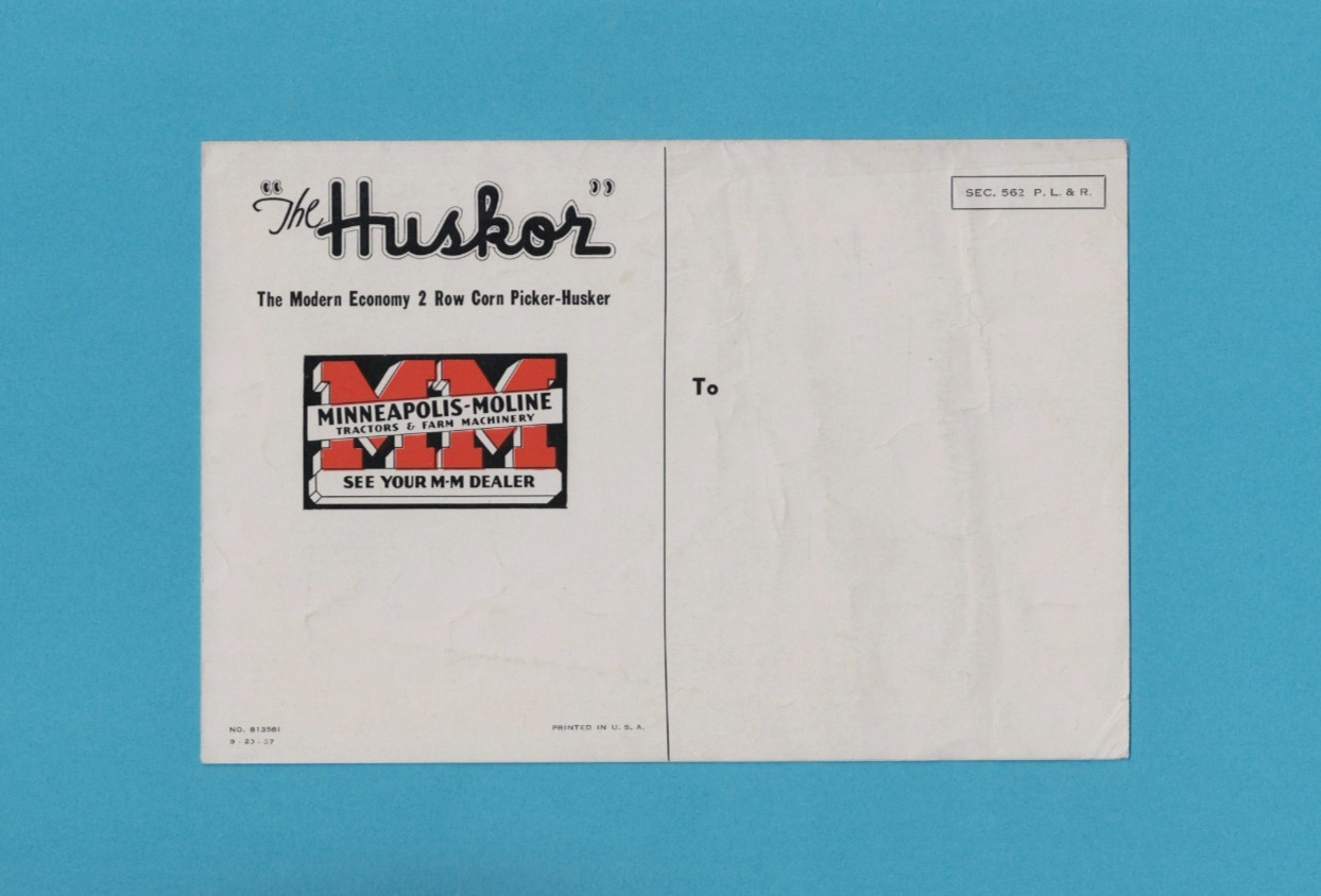 MINNEAPOLIS-MOLINE TWO ROW CORN PICKER “HUSKOR” 4 PAGE BROCHURE 1937